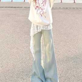 韩版ins复古阔腿牛仔裤女夏季2026新款高腰宽松显瘦水洗拖地裤潮