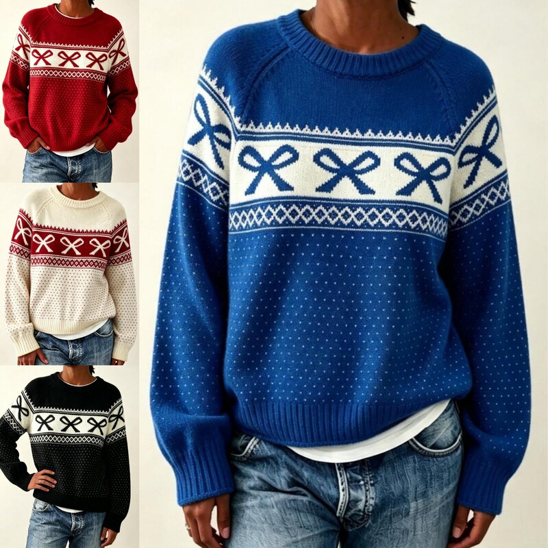 Amazon cross-border polka dot long-sleeve women's clothing, European and American style bow-tie pullover sweater, women's color-blocked Fair Isle knit sweater Amazon cross-border polka dot long-sleeve women's clothing, European and American style bow-tie pullover sweater, women's color-blocked Fair Isle knit sweater