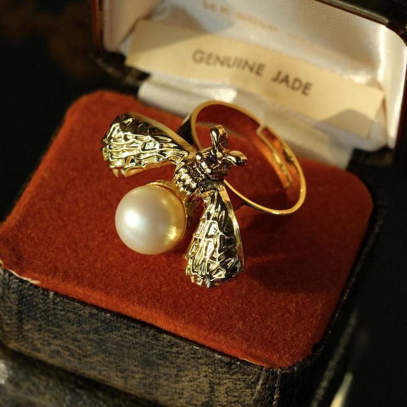 French, Vintage, Graceful, Timeless Vintage French-style Retro Exquisite Open Ring, Classic Bee Pearl Adjustable Size Ring For Women_voghion.com