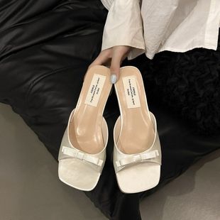 Bow-Knot Thick-Heeled High-Heeled Sandals French Evening Breeze Gentle Fairy Slippers 2025 New Summer Outer Wear