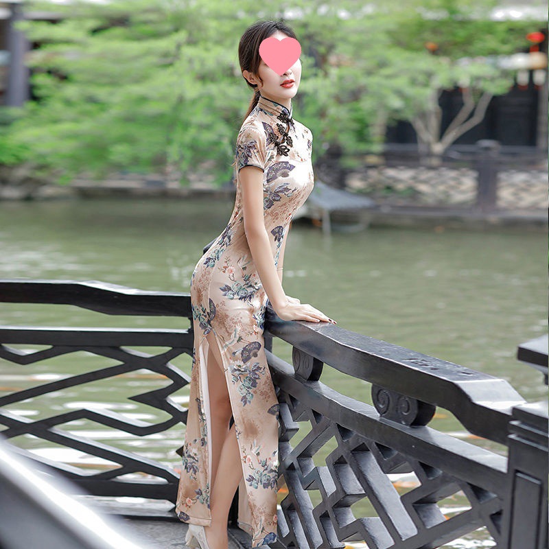 H0W新款夏季网纱旗袍女连衣裙敬酒服中国风弹力修身长款传