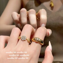 意大利复古弧形花朵宝石戒指 Vintage镀18K金 太阳花锆石戒指叠戴