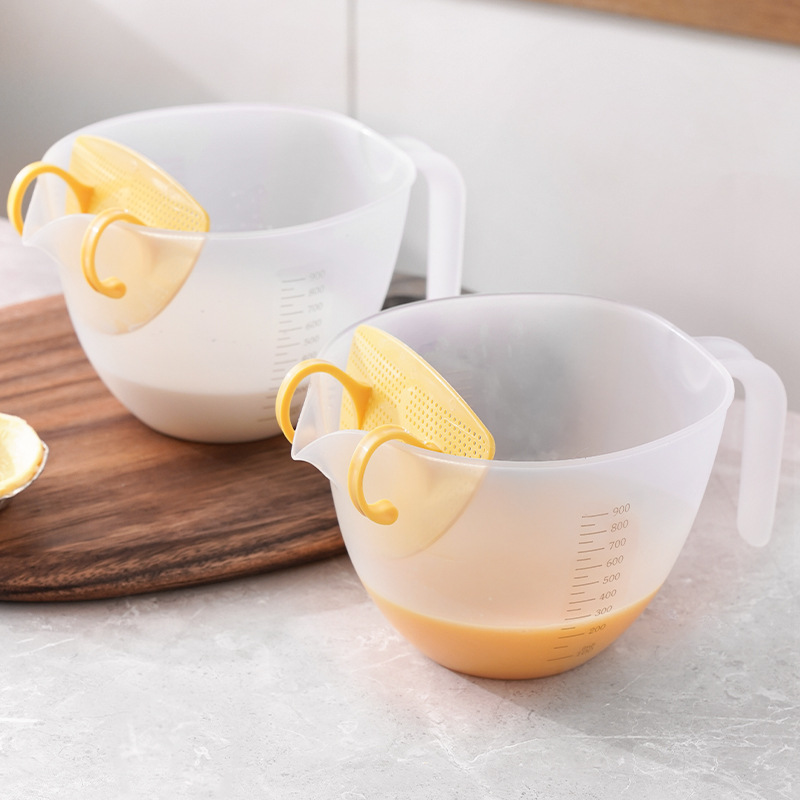 Filtro taza de medición con escala de plástico huevo batir taza ml taza de medición huevo líquido tazón de mezcla para hornear leche de soja tazón especial