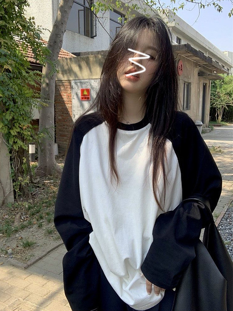 Color Matching Raslan Long-sleeved T-shirt Women's Spring New Contrast Color Pure Cotton Inner Base Shirt Spring and Autumn Loose Casual Top
