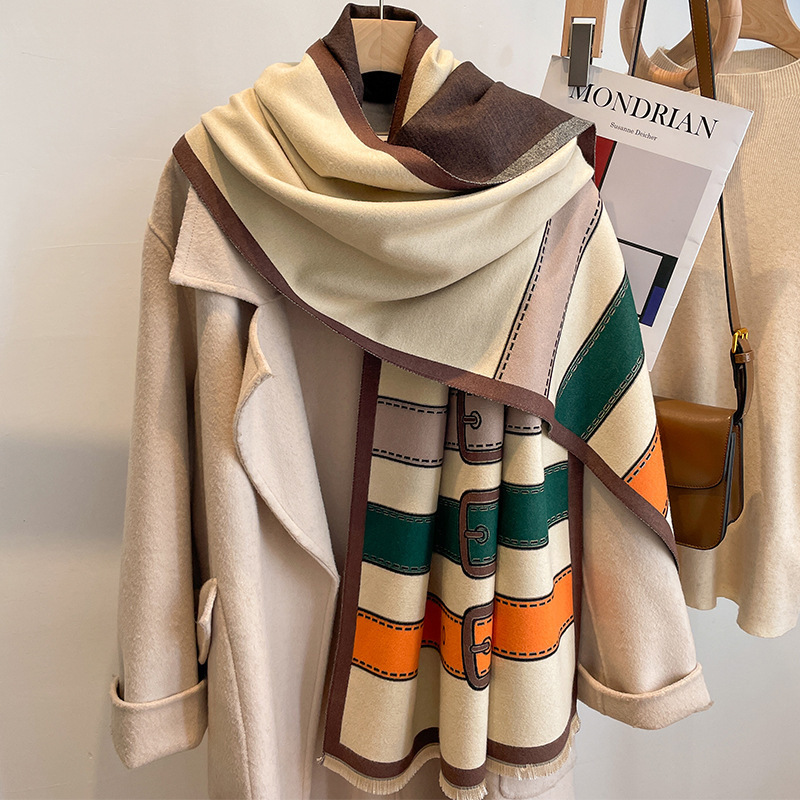 2024 autumn and winter new cashmere scarf women's fashion color matching belt all-match long thick warm shawl scarf