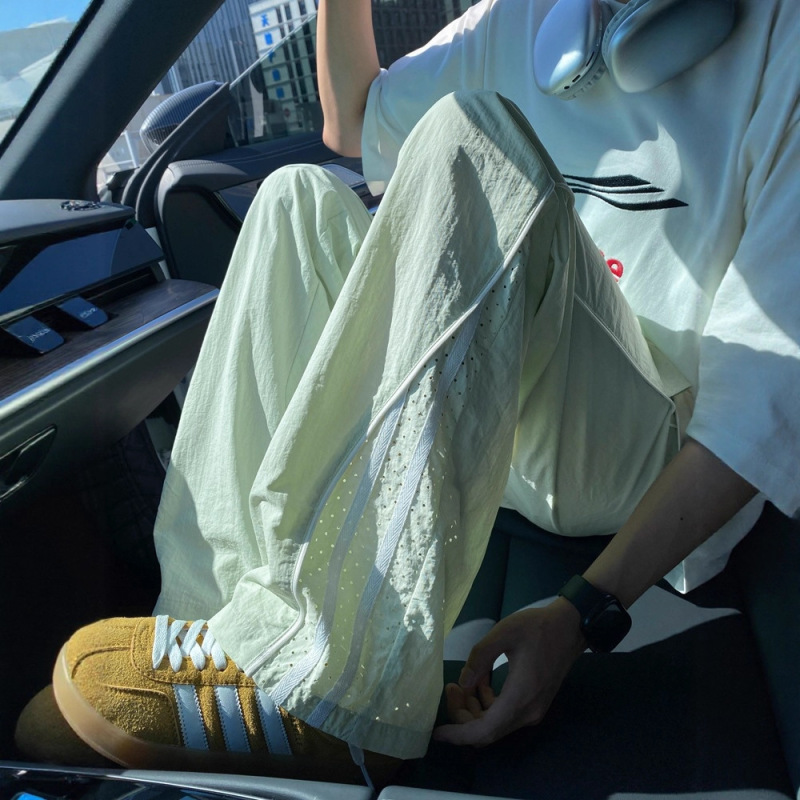 Dopamine Ice Silk Quick-Dry Pants for Men, Summer Thin Mesh Patchwork Striped Sports Pants, Loose Straight Casual Long Pants