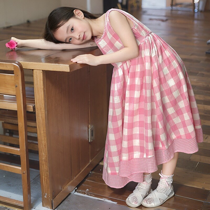 Plaid Long Dress Girls dress Pink Summer Seaside Children's Skirt Sleeveless Cotton Girls Princess Skirt Thin