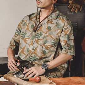 2026新款复古风古巴领短袖衬衣男夏季宽松休闲花衬衫夏威夷外套