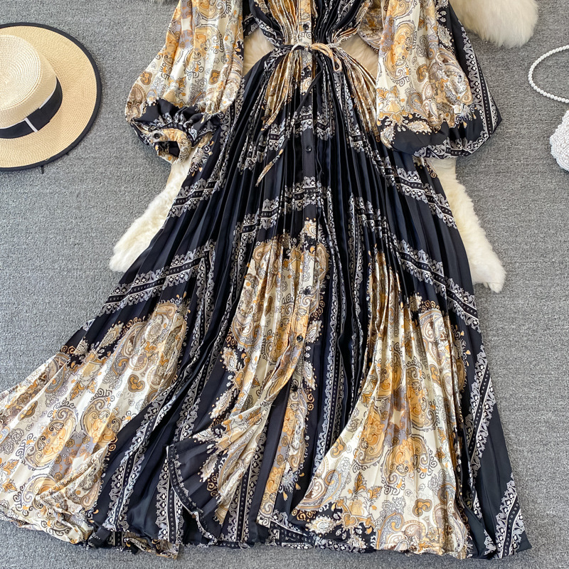 Vêtements pour femmes Automne col rond ample mince à manches longues imprimé satin simple boutonnage robe plissée élégante légère luxe longue jupe_voghion.com