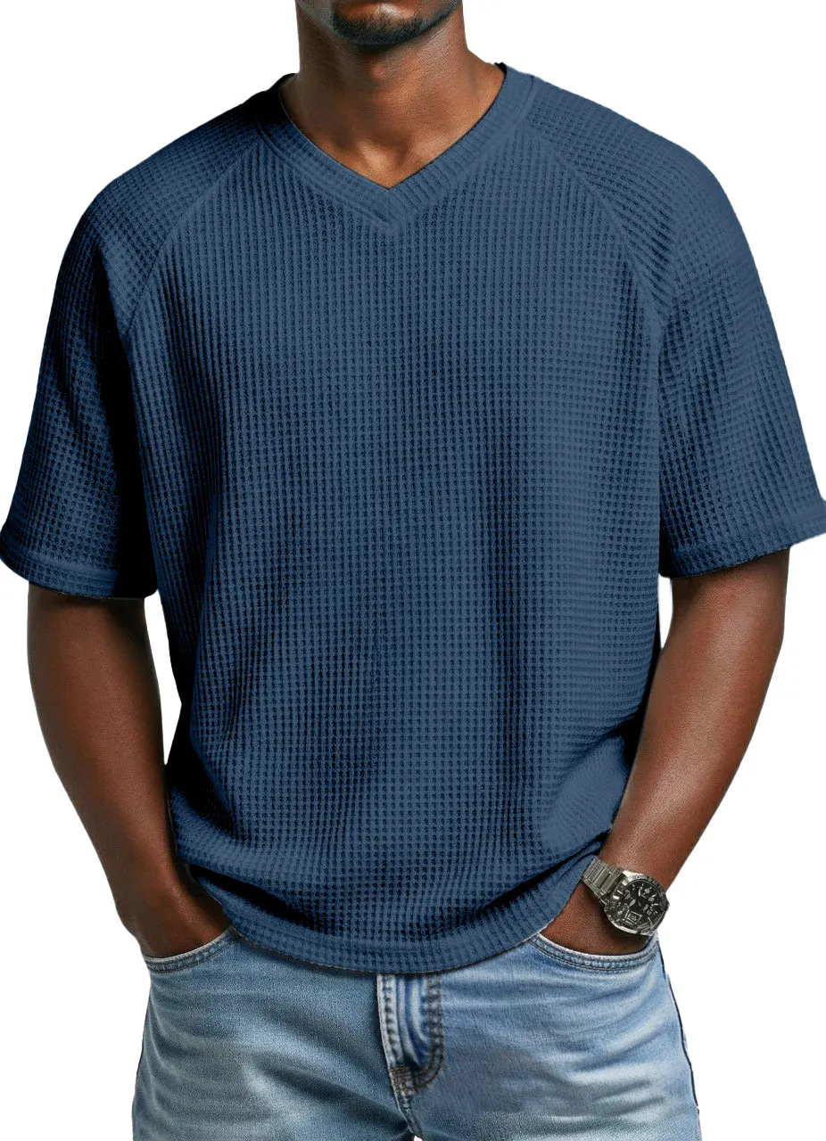 2026 Europa y América primavera y verano estación independiente transfronteriza hombre moda waffle de punto mangas de hombro de cuello en V camiseta de hombre de mangas cortas