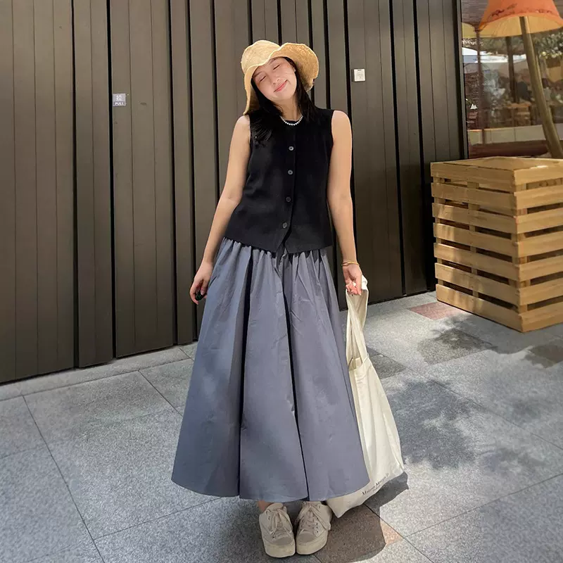 2025夏季新款高腰纯棉百褶裙A字中长半身裙显瘦休闲气质通勤女