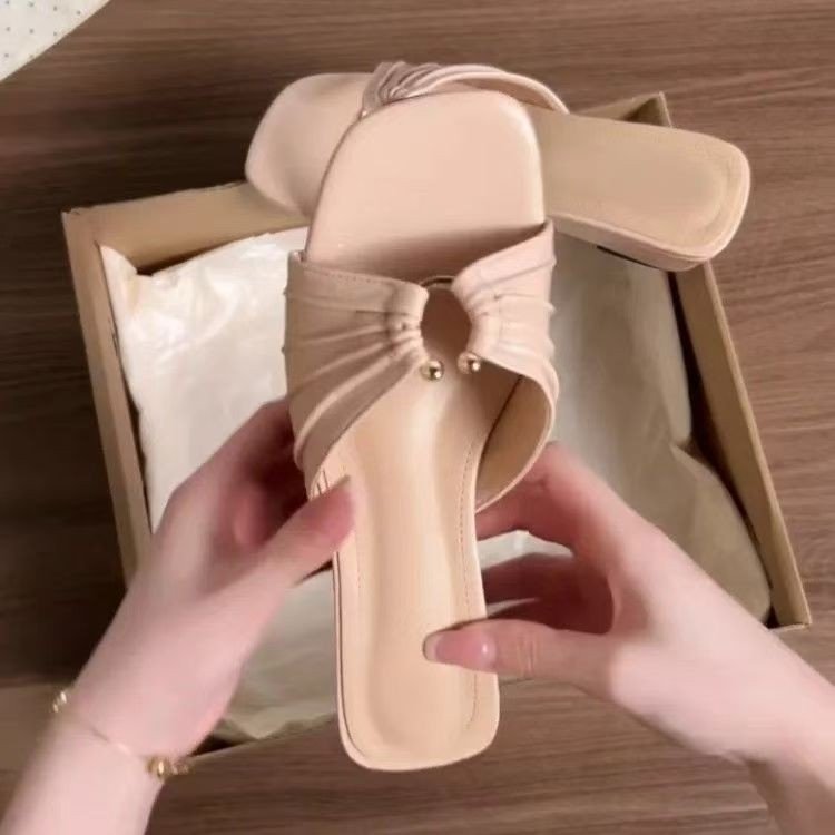 Suave estilo francés plegado pendiente con zapatillas de verano para mujeres 06 nuevo con falda antideslizante desnudo zapatillas frías image 3