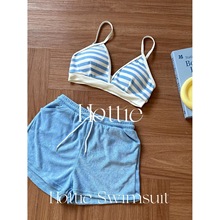 海军条纹bikini毛巾料沙滩短裤搭配短袖沙滩温泉度假分体泳衣新款