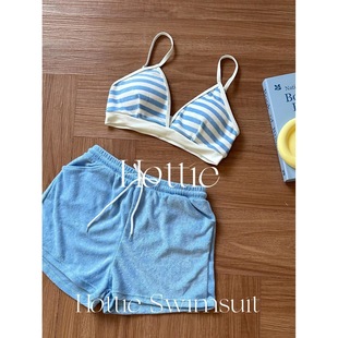 Navy Striped Bikini Towel Material Beach Shorts with Short Sleeve Beach Spa Vacation Split Swimsuit New