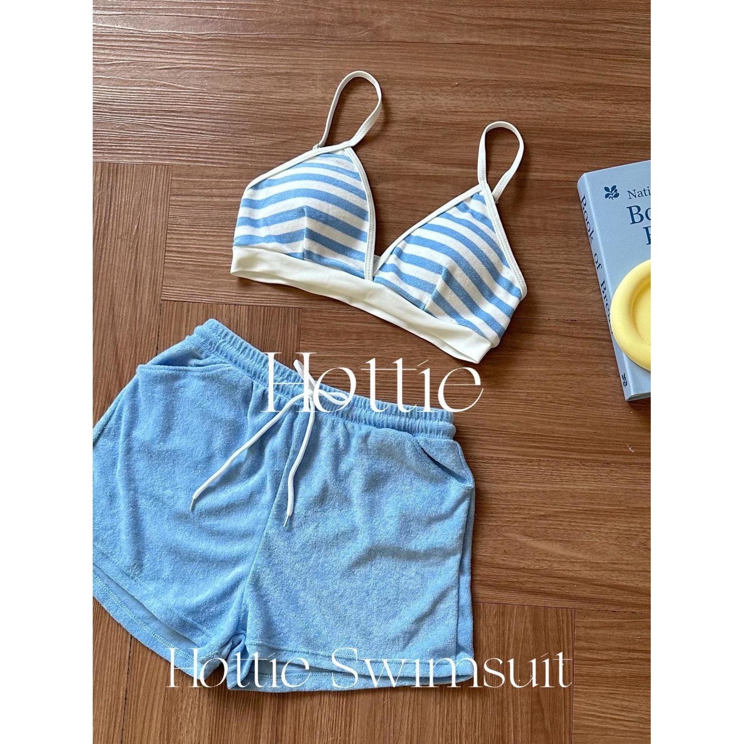 海军条纹bikini毛巾料沙滩短裤搭配短袖沙滩温泉度假分体泳衣新款