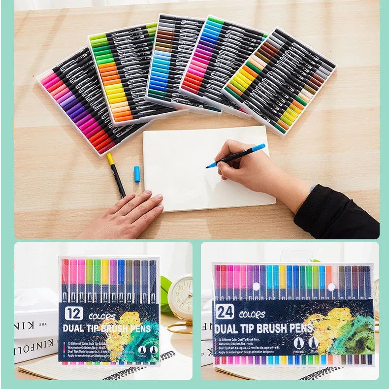 Amazon marcador de doble cabeza a base de agua pluma de acuarela de cabeza suave traje de pintura para niños Hook Pen suministros de arte DIY