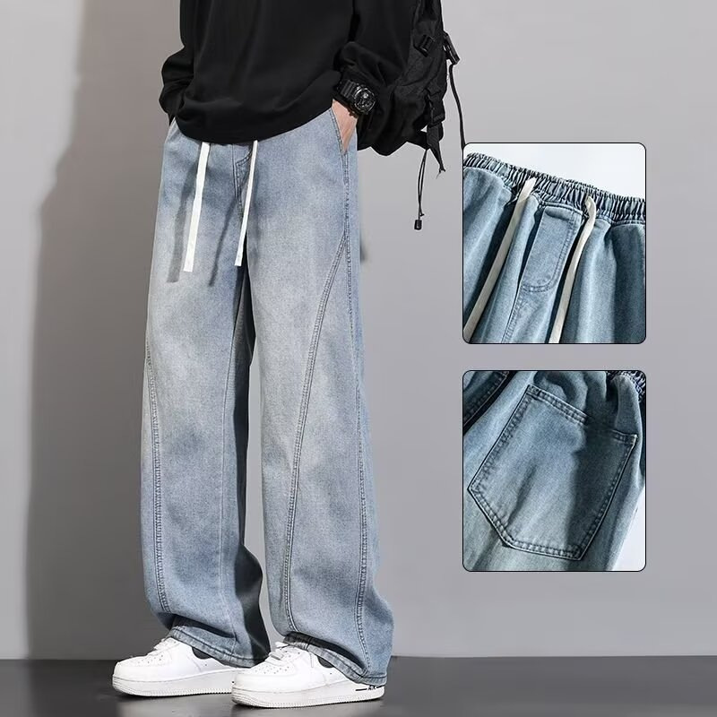 Jeans Men's Spring And Autumn Loose Straight Pants American Retro Wide Leg Pants Teen Elastic Waist Deconstruction Pants