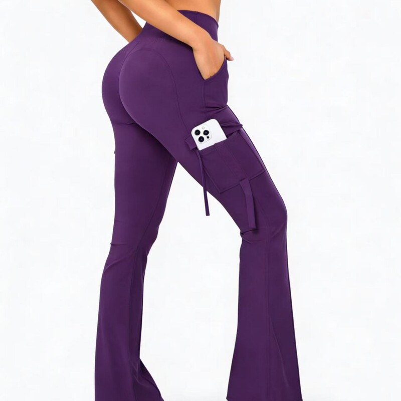 Loose Fit Cargo Pants with Pockets, Invisible Stretch, High Waist, Gym Outdoor Yoga Pants, Slightly Flared
