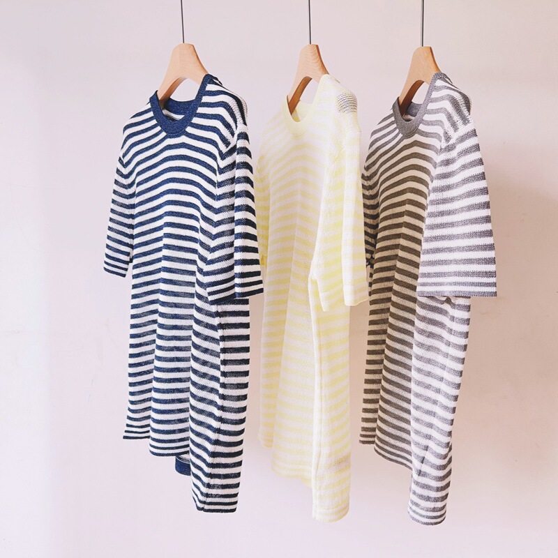 Japanese Paper Yarn! Loose Round-Neck Navy-Style Striped Knit Shirt, Breathable and Not Stuffy, Short-Sleeved, Versatile, Slimming Top