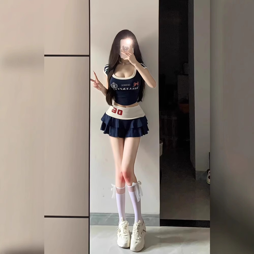 Chubby American Retro Contrast Color Slimming Short-sleeved T-shirt Top Women's Summer Spice Girl Style Sexy A- Line Skirt Sports suit