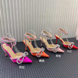 欧美风鞋子女时尚水钻蝴蝶结尖头高跟鞋性感后空细跟单鞋缎面婚鞋