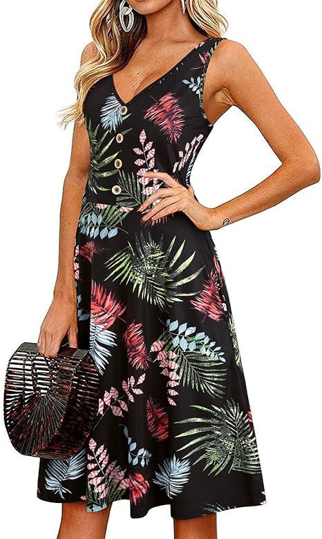 ヨーロッパとアメリカのクロスボーダーAmazon AliExpress 2025夏人気カジュアルVネックノースリーブボタン花柄ドレス|undefined