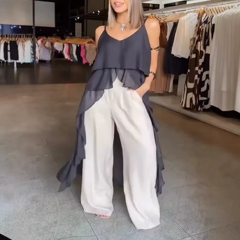 2025欧美跨境女装春夏季新款性感气质V领荷叶边不规则吊带-连衣裙