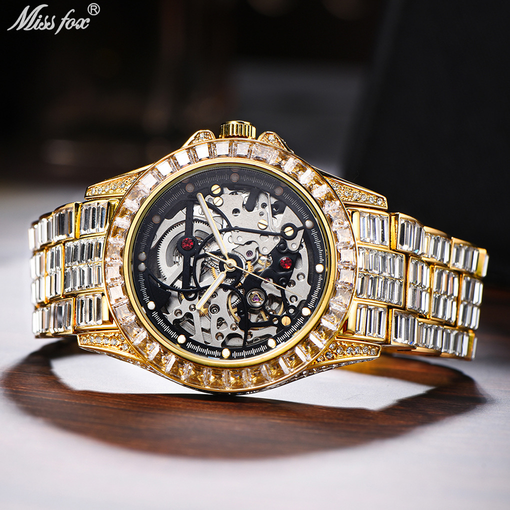 MISSFOX reloj europeo y americano popular hip hop calle inconformista completo diamante automático hueco mecánico reloj de hombre
