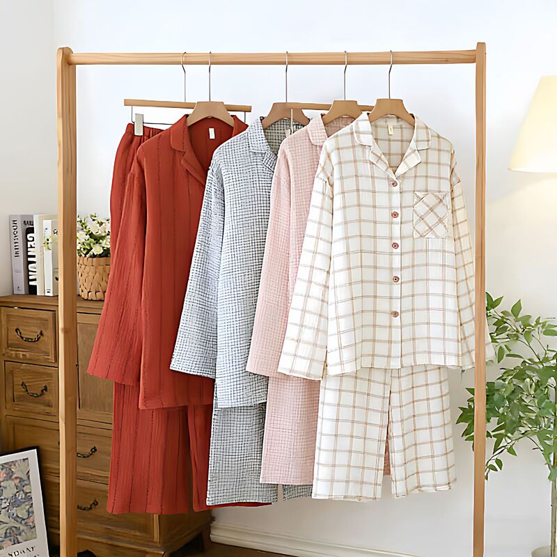 Ins Style Pajamas Double-Layer Gauze Pure Cotton Women's Long-Sleeved Long Pants Two-Piece Set Men's Japanese-Style Couple's Home Wear Summer Pajamas Ins Style Pajamas Double-Layer Gauze Pure Cotton Women's Long-Sleeved Long Pants Two-Piece Set Men's Japanese-Style Couple's Home Wear Summer Pajamas