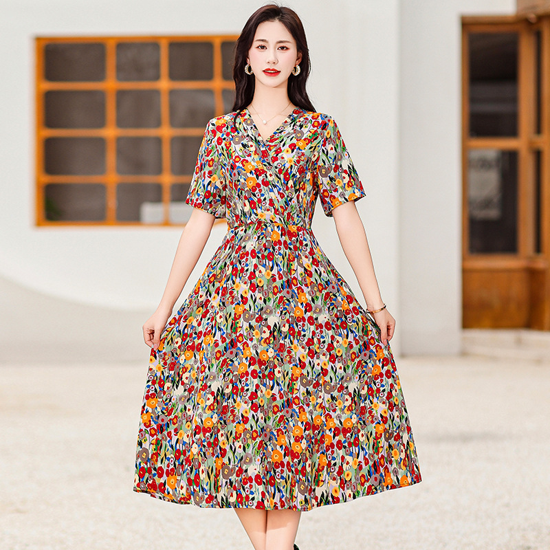 高端棉绸连衣裙新款夏季女妈妈时尚印花人造棉宽松大码外穿长裙子|undefined