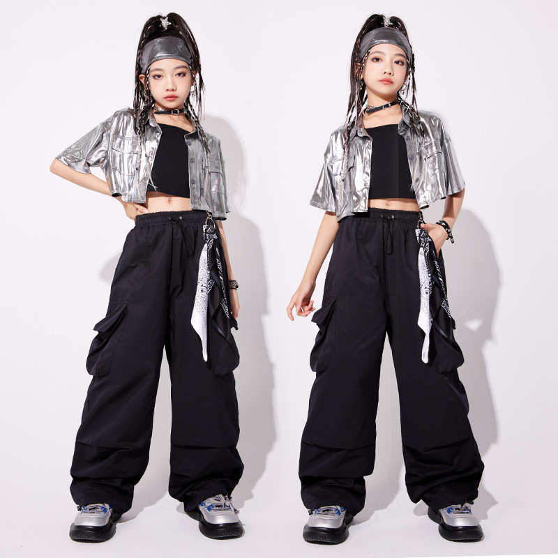 여자 재즈 댄스 의상 한국식 재즈 실버 배벨 세트 어린이 유행 모델 쇼 의상