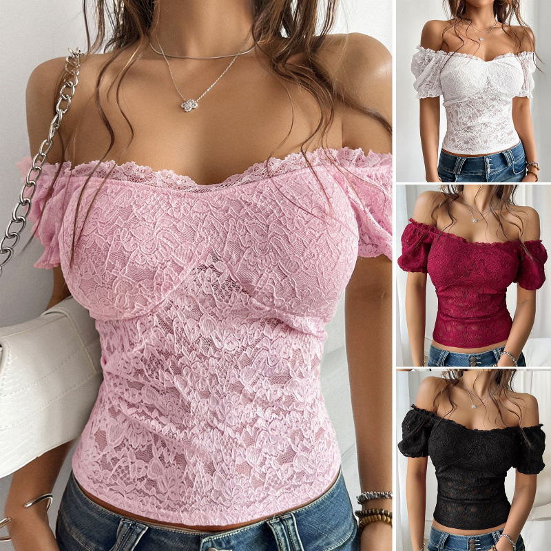 2025 Cross-Border European, American and Southeast Asian Spring and Summer Lace Tops for Women, Sexy Cut Out Navel-Baring Slim One-Shoulder Women's Clothing