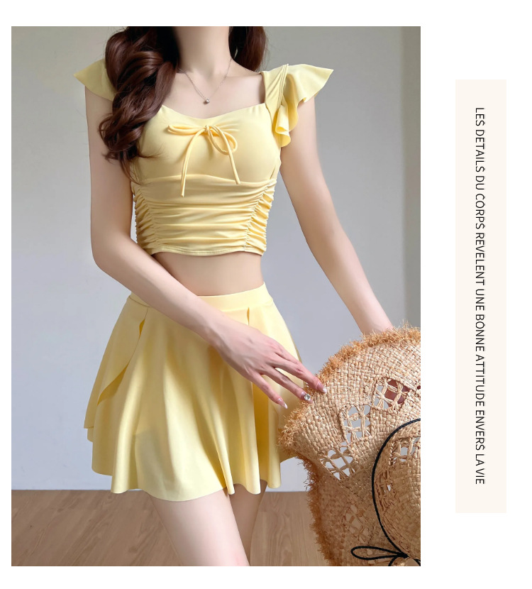 GraceChic 2025 Neuer hochwertiger gelber zweiteiliger Badeanzug im Rockstil für Damen – Bauchkontrolle, figurformend, für kleine Oberweite, konservativ, ideal für den Urlaub_voghion.com