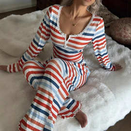 欧美2025年女装新款时尚套装V领上衣木耳边裤子条纹简约百搭套装