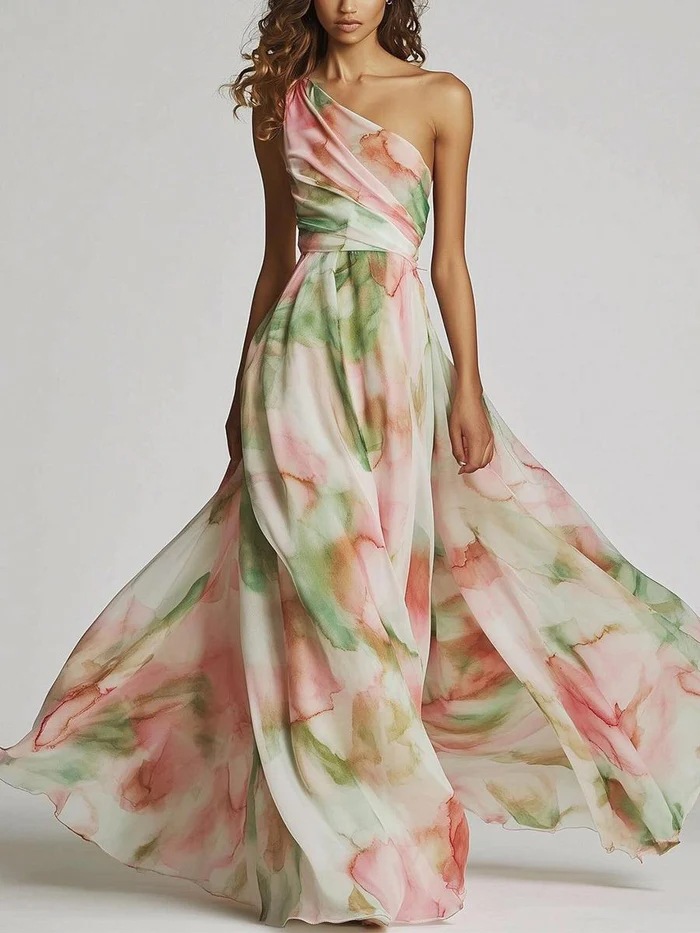 2025 European and American Fashion Amazon Independent Site Off-Shoulder Sleeveless Digital Print Long Dress with Large Hem