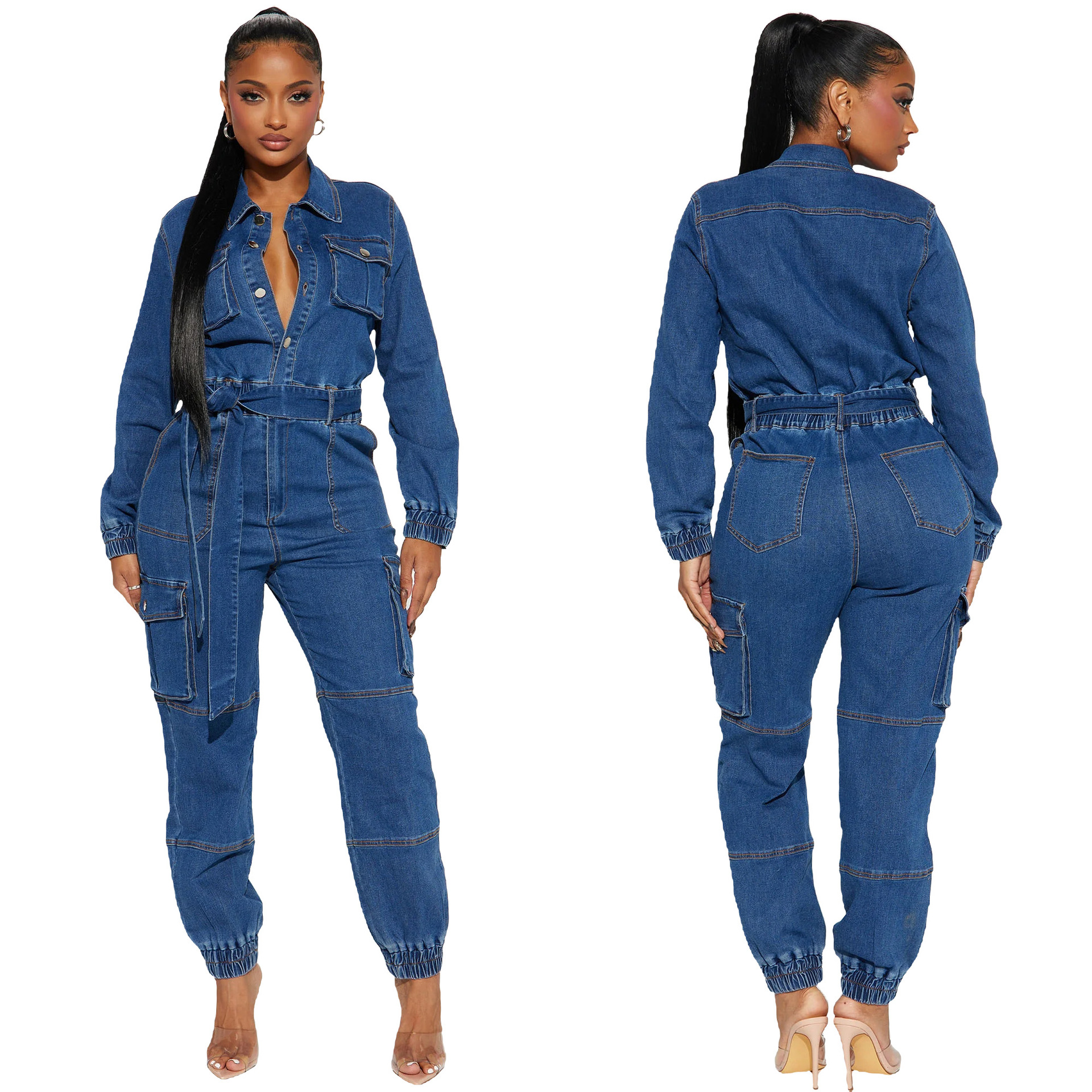 Women's Clothing 3571 New Fashion Street Style Waist hugging Body shaping Multi pocket Elastic Waist Denim Overalls Jumpsuit_voghion.com
