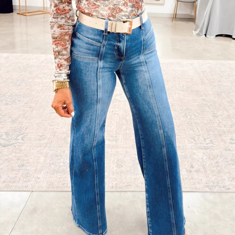 Independent Website Cross-Border Hot-Selling Summer New Solid Color Jeans for Women, European and American Fashion Trend, Exposed Seam Slim-Fit Long Pants for Women