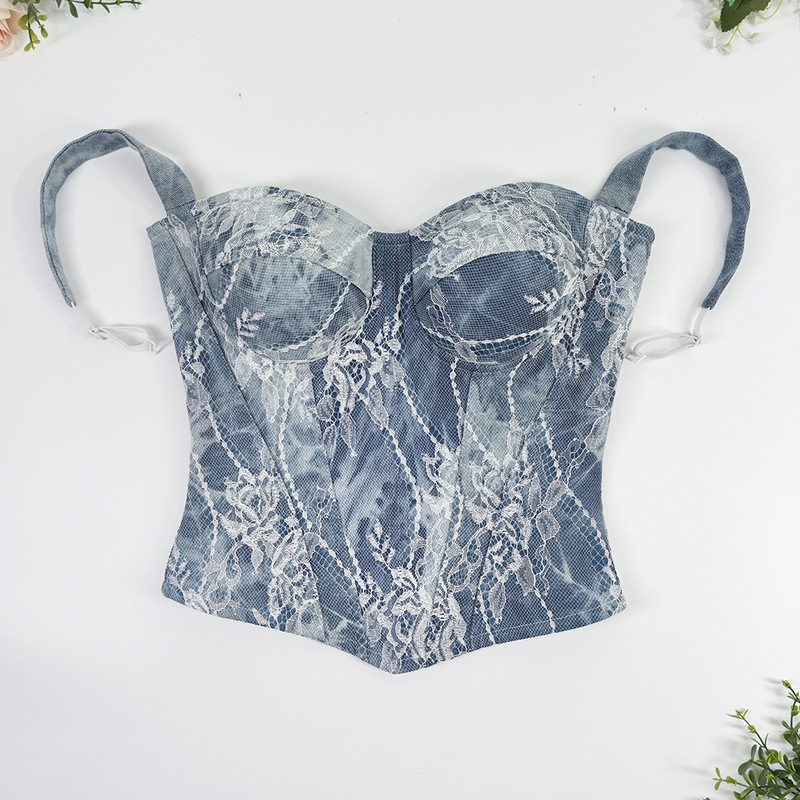 Denim Lace Splicing Fishbone Bra Pure Desire Retro Beautiful Back Jacquard Slimming Versatile Fashion Camisole Top