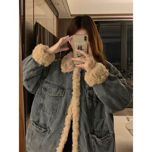 Japanese retro lamb wool denim jacket for women autumn and winter 2025 design lamb wool casual winter cotton clothing