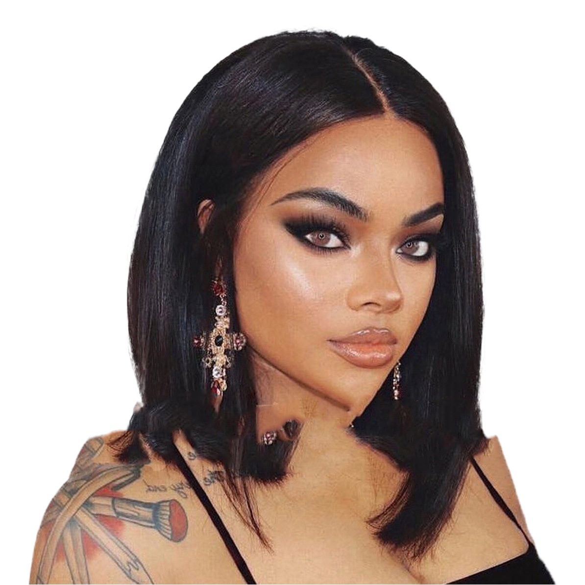 Amazon nueva peluca europea y americana de las mujeres de longitud media de pelo corto recto oblicuo Bangs onda cabeza gradiente de color moda pelo corto cubierta de la cabeza