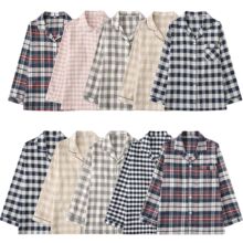 单件上衣日式无印风格子男女春秋冬季全棉磨毛绒布长袖家居服