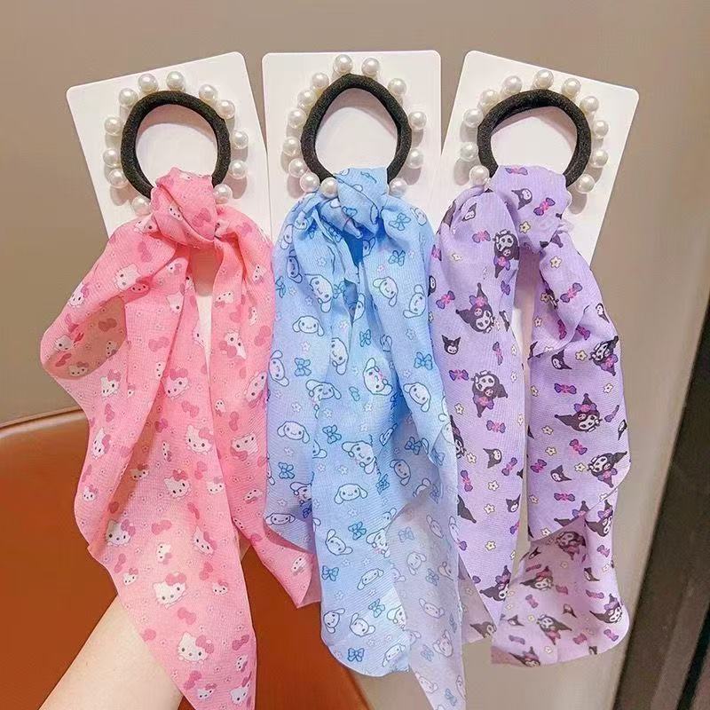 Niñas Kulomi dibujos animados flores de perlas anillo de cabello para niños cuerdas de cabello dulce trenzado cinta de elasticidad