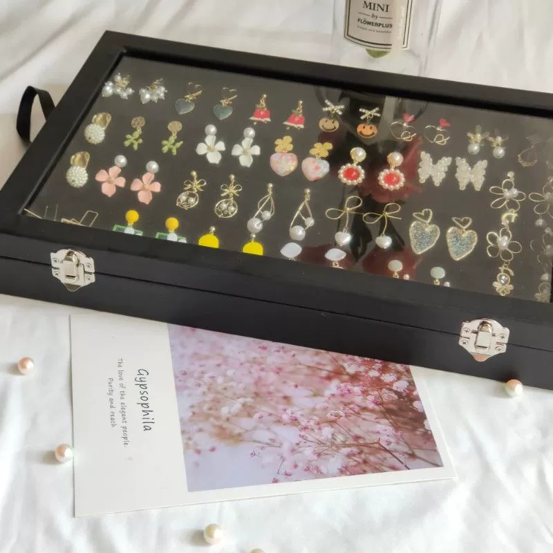  earrings, fashionable black stand, glass storage system, transparent storage box