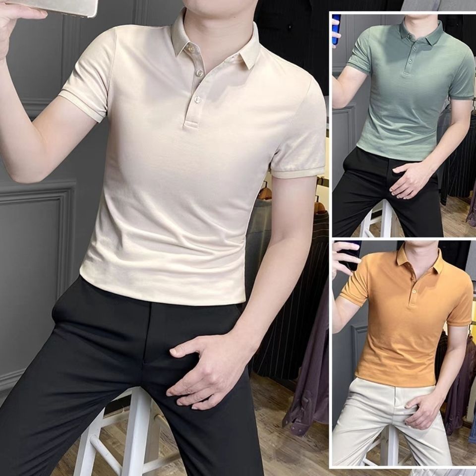 2024 New Men's Short-sleeved T-shirt Trendy Brand All-match Ins Slim-fit Silk Pearlescent Cotton Collar T-shirt Polo Shirt for Men