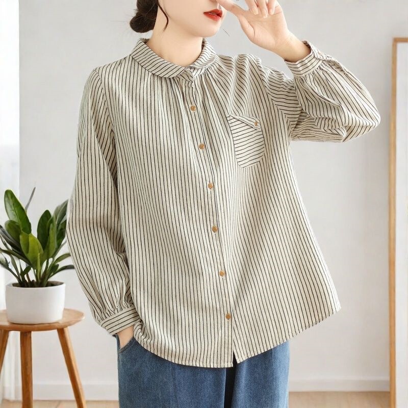 Artistic cotton long-sleeve shirt, new spring and autumn high-end retro casual loose striped shirt, slimming base top Artistic cotton long-sleeve shirt, new spring and autumn high-end retro casual loose striped shirt, slimming base top