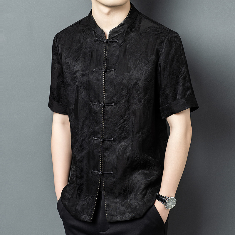 Áo sơ mi ngắn tay nam mulberry silk mỏng nhẹ mùa hè dáng rộng — Đen 26A230