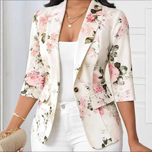 跨境外贸欧美女装亚马逊2025秋季时尚印花一粒扣修身小西装短外套