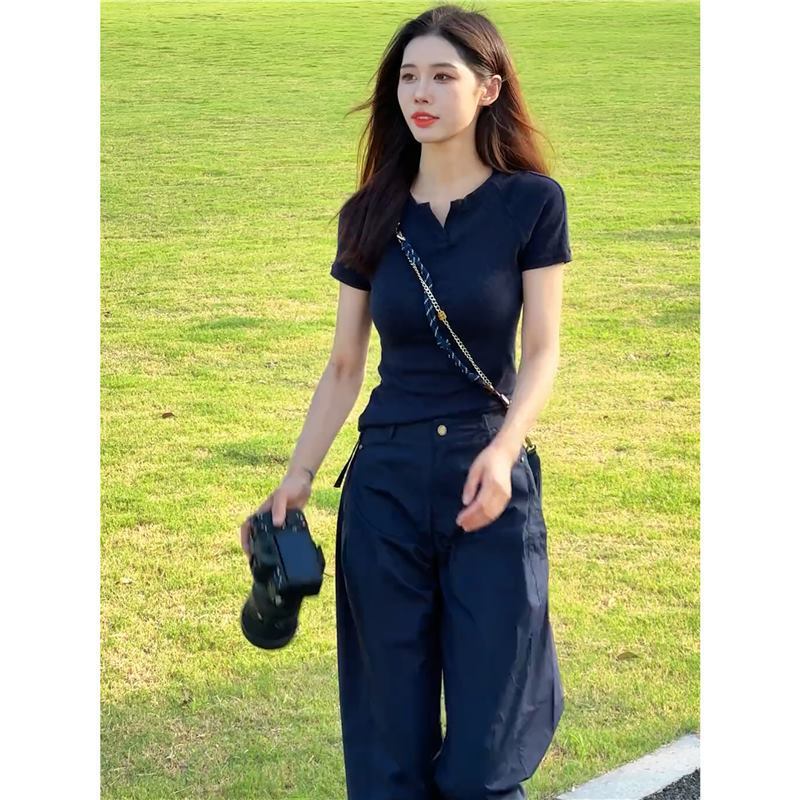 深圳南油套装女夏季洋气显瘦正肩T恤速干工装裤薄款跑步服两件套|undefined