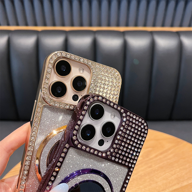 ダイヤモンド付きフォトフレームシェル、グラデーショングリッターペーパー+ミラー付きスタンド、iPhone16promax、Apple17対応スマホケース|undefined