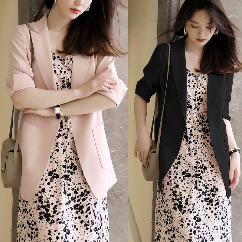 Пухлая Девушка Летний Тонкий однослойный маленький костюм Женский Толстая сестра корейский стиль пригородных 3/4 рукав нежный темперамент солнце защиты пальто